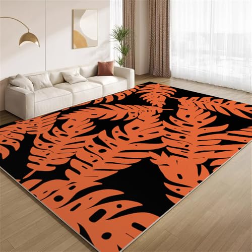POKXAEU Modernes Orangeschwarz Teppich Orange Tropische Pflanze Eingangsbereich-Teppich rutschfest Fußmatte weich waschbar Bodenteppich für Wohnzimmer Innenbereich Flur Matten 60x90cm von POKXAEU