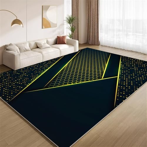 POKXAEU Modernes Schwarz Gold Teppich Goldene Sechseckige Streifen Innenbereich Teppich weiche Kunstwolle rutschfest waschbar Akzentteppich für Wohnzimmer Haustür Flur Dekoration 90x120cm von POKXAEU