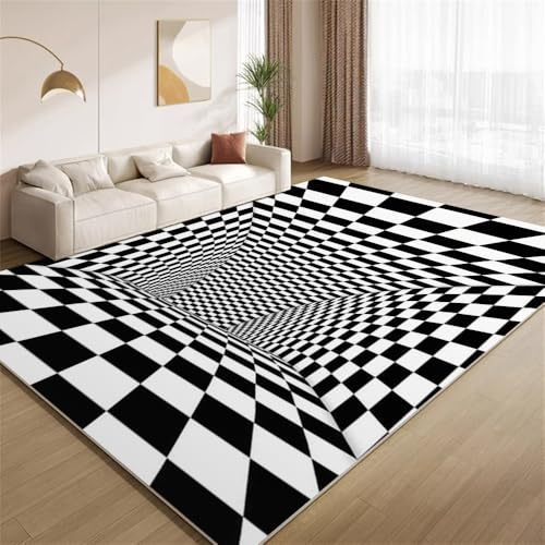 POKXAEU Optische Täuschungen Teppich 3D-Schwarz-Weiß-Gitter Innenbereich Teppich weiche Kunstwolle rutschfest waschbar Akzentteppich für Wohnzimmer Haustür Flur Dekoration 90x120cm von POKXAEU