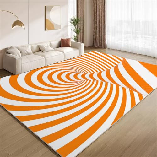 POKXAEU Optische Täuschungen Teppich Orange-Weiße Streifen Wohnzimmer-Schlafzimmer-Teppich rutschfest Überwurfmatten waschbar Bodendekoration Matte für den Innenbereich Flur 90x150cm von POKXAEU
