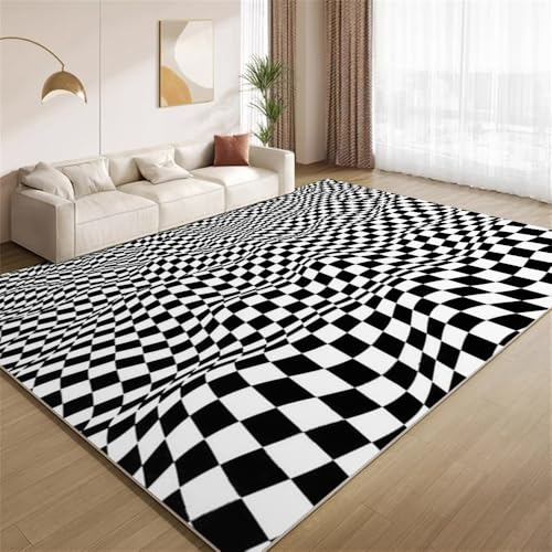 POKXAEU Optische Täuschungen Teppich Wellengitter-Textur Rutschfester Bodenteppich weicher dünnen Kurzflor-Teppich für Wohnzimmer Schlafzimmer Küche Büro Esszimmer Hartholzboden 160x200cm von POKXAEU