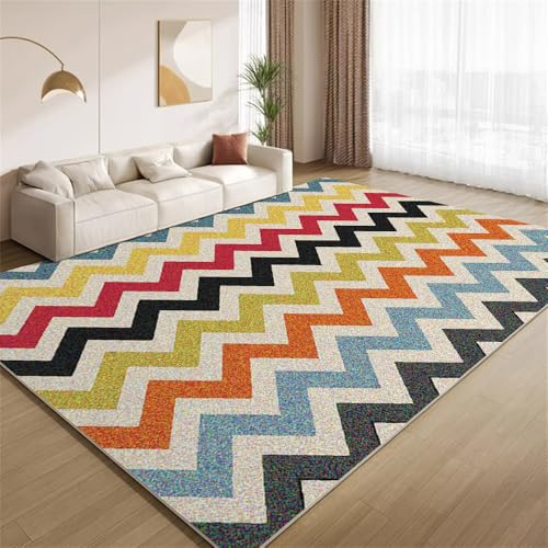 POKXAEU Regenbogen-Wellenstreifen Teppich Retro-Bunte Linien Waschbarer Wohnzimmer-Schlafzimmer-Teppich weich rutschfest Kurzflor Matte für Bauernhaus Zuhause Boden Flur 120x150cm von POKXAEU