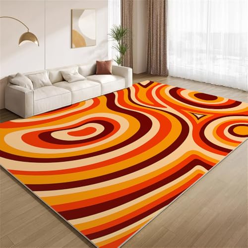 POKXAEU Retro 60Er/70Er Teppich Orange-Braune Streifen Wohnzimmer-Schlafzimmer-Teppich rutschfest Überwurfmatten waschbar Bodendekoration Matte für den Innenbereich Flur 90x150cm von POKXAEU