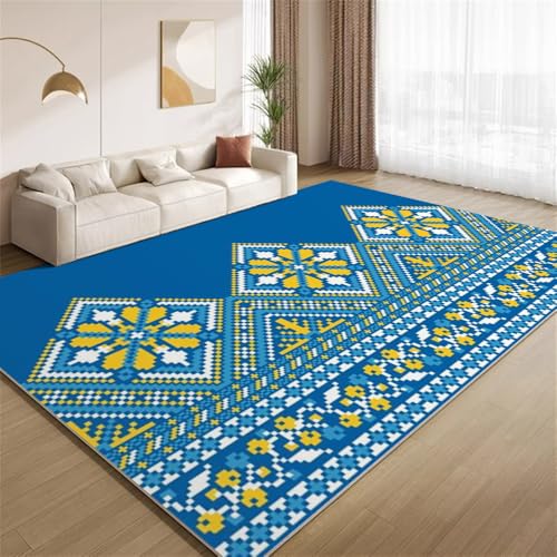 POKXAEU Retro-Blau-Tribal Teppich Blumenmuster Mit Einheimischen Akzenten Wohnzimmer-Schlafzimmer-Teppich rutschfest Überwurfmatten waschbar Bodendekoration Matte für den Innenbereich Flur 90x150cm von POKXAEU