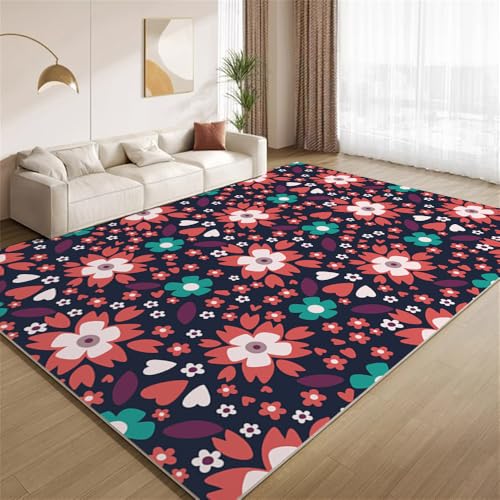 POKXAEU Retro Bunte Blumen Teppich Moderne Mehrfarbige Blumen Eingangsbereich-Teppich rutschfest Fußmatte weich waschbar Bodenteppich für Wohnzimmer Innenbereich Flur Matten 60x90cm von POKXAEU