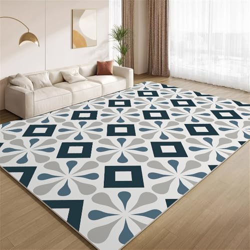 POKXAEU Retro-Geometrische Blumen Teppich Schlichtes Blau-Grau Waschbarer Wohnzimmer-Schlafzimmer-Teppich weich rutschfest Kurzflor Matte für Bauernhaus Zuhause Boden Flur 120x150cm von POKXAEU