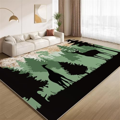 POKXAEU Retro-Grün-Schwarz Teppich Natur Waldtiere Eingangsbereich-Teppich rutschfest Fußmatte weich waschbar Bodenteppich für Wohnzimmer Innenbereich Flur Matten 60x90cm von POKXAEU