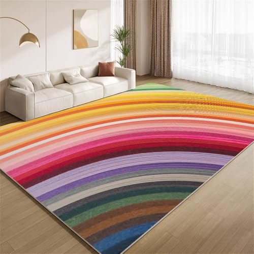 POKXAEU Retro-Mehrfachstreifen Teppich Abstrakte, Bunte Linien Wohnzimmerteppich aus Kunstwolle waschbar fusselfrei pflegeleicht für Schlafzimmer Kinderzimmer Büro Flur Dekoration 180x270cm von POKXAEU