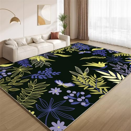 POKXAEU Retro-Pflanzen-Blumen Teppich Modernes Blau-Gelb-Schwarz Waschbare Teppiche für Wohnzimmer weiche Schlafzimmerteppiche Rutschfester Akzentteppich für Büro Kinderzimmer Dekor 120x180cm von POKXAEU