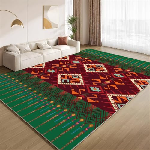 POKXAEU Retro Rot-Grün Tribal Teppich Aztekische Geometrische Ethnische Muster Innenbereich Teppich weiche Kunstwolle rutschfest waschbar Akzentteppich für Wohnzimmer Haustür Flur Dekoration 90x120cm von POKXAEU