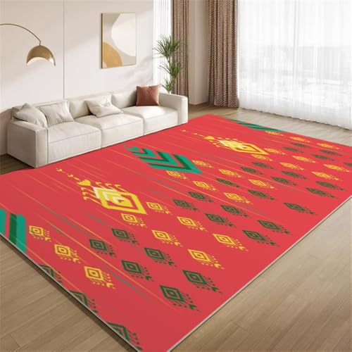 POKXAEU Retro-Rotes Tribal Teppich Native Akzentgeometrie Eingangsbereich-Teppich rutschfest Fußmatte weich waschbar Bodenteppich für Wohnzimmer Innenbereich Flur Matten 60x90cm von POKXAEU
