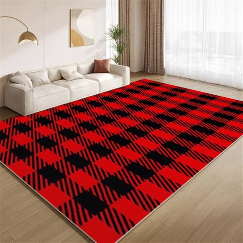 POKXAEU Retro-Rotschwarz Teppich Modernes Tartan Eingangsbereich-Teppich rutschfest Fußmatte weich waschbar Bodenteppich für Wohnzimmer Innenbereich Flur Matten 60x90cm von POKXAEU