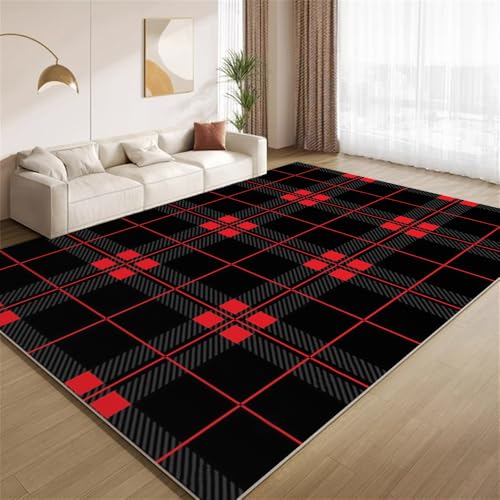 POKXAEU Retro-Rotschwarz Teppich Vintage-Büffelkaro Eingangsbereich-Teppich rutschfest Fußmatte weich waschbar Bodenteppich für Wohnzimmer Innenbereich Flur Matten 60x90cm von POKXAEU