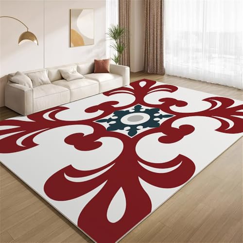 POKXAEU Retro Rotweiß Teppich Abstrakte Blumenkunst Eingangsbereich-Teppich rutschfest Fußmatte weich waschbar Bodenteppich für Wohnzimmer Innenbereich Flur Matten 60x90cm von POKXAEU
