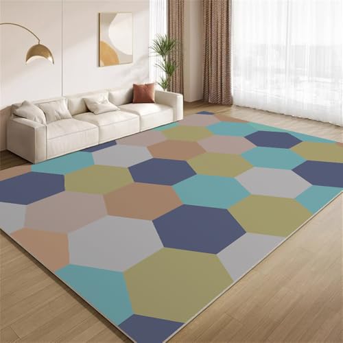 POKXAEU Retro-Waben-Geometrie Teppich Bunte Sechsecke Eingangsbereich-Teppich rutschfest Fußmatte weich waschbar Bodenteppich für Wohnzimmer Innenbereich Flur Matten 60x90cm von POKXAEU