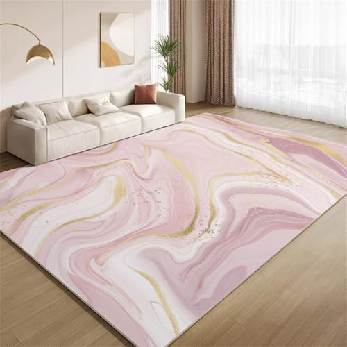 POKXAEU Rosa-Weißer Marmor Teppich Goldene Wellenstreifen Eingangsbereich-Teppich rutschfest Fußmatte weich waschbar Bodenteppich für Wohnzimmer Innenbereich Flur Matten 60x90cm von POKXAEU