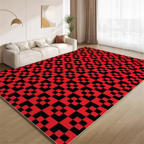 POKXAEU Rot-Schwarz-Geometrie Teppich Retro Karo Druck Waschbare Teppiche für Wohnzimmer weiche Schlafzimmerteppiche Rutschfester Akzentteppich für Büro Kinderzimmer Dekor 120x180cm von POKXAEU