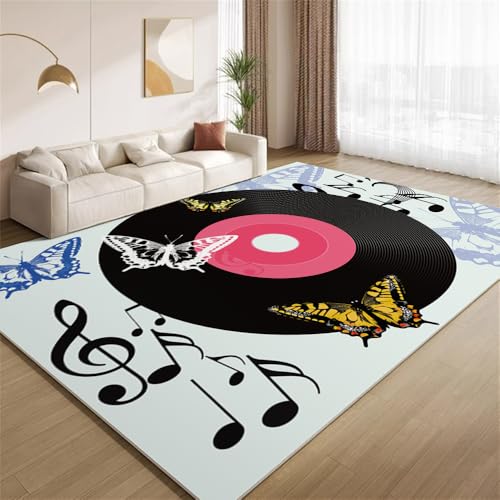POKXAEU Schallplatte Schmetterling Teppich Musikliebhaber-Schwarz-Grau Eingangsbereich-Teppich rutschfest Fußmatte weich waschbar Bodenteppich für Wohnzimmer Innenbereich Flur Matten 60x90cm von POKXAEU