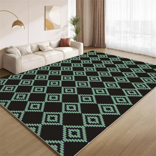 POKXAEU Schwarz-Grün-Kariert Teppich Moderne Geometrische Kunst Eingangsbereich-Teppich rutschfest Fußmatte weich waschbar Bodenteppich für Wohnzimmer Innenbereich Flur Matten 60x90cm von POKXAEU