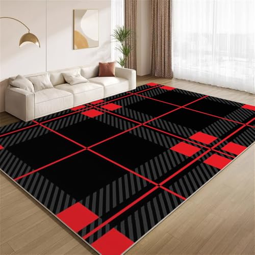 POKXAEU Schwarzes Schottenmuster Teppich Vintage Rot Schwarz Eingangsbereich-Teppich rutschfest Fußmatte weich waschbar Bodenteppich für Wohnzimmer Innenbereich Flur Matten 60x90cm von POKXAEU