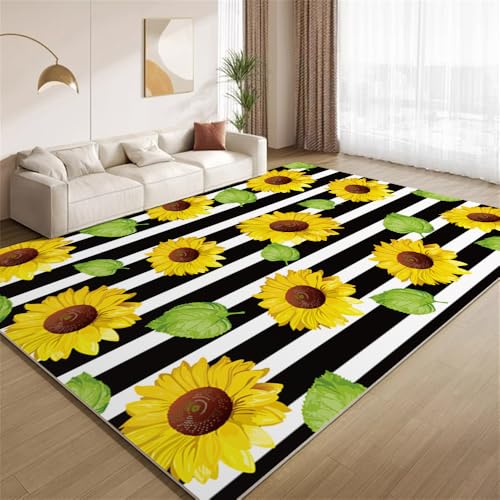 POKXAEU Sonnenblumenblätter Teppich Moderne Schwarz-Weiße Streifen Eingangsbereich-Teppich rutschfest Fußmatte weich waschbar Bodenteppich für Wohnzimmer Innenbereich Flur Matten 60x90cm von POKXAEU