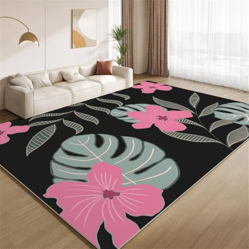 POKXAEU Tropische Monstera Blumen Teppich Retro Schwarz-Rot Eingangsbereich-Teppich rutschfest Fußmatte weich waschbar Bodenteppich für Wohnzimmer Innenbereich Flur Matten 60x90cm von POKXAEU