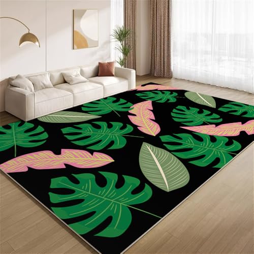 POKXAEU Tropische Monstera Teppich Retro-Schwarz-Grün Eingangsbereich-Teppich rutschfest Fußmatte weich waschbar Bodenteppich für Wohnzimmer Innenbereich Flur Matten 60x90cm von POKXAEU