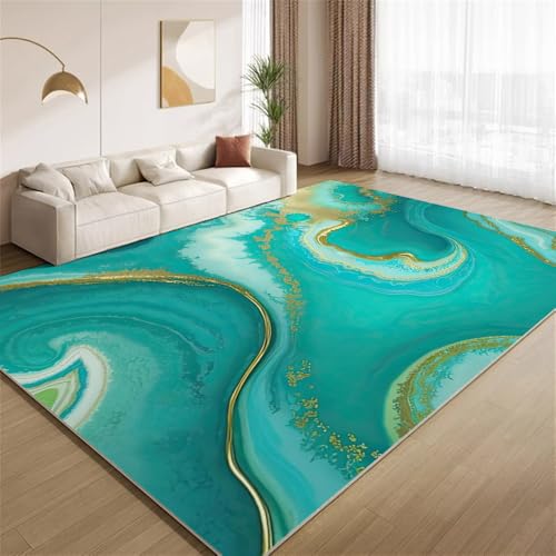 POKXAEU Türkisfarbener Marmor Teppich Cyan Gold Textur Innenbereich Teppich weiche Kunstwolle rutschfest waschbar Akzentteppich für Wohnzimmer Haustür Flur Dekoration 90x120cm von POKXAEU