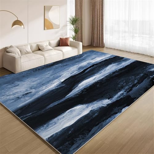 POKXAEU Vintage Blauschwarz Teppich Abstrakte Wellenstreifen Wohnzimmer-Schlafzimmer-Teppich rutschfest Überwurfmatten waschbar Bodendekoration Matte für den Innenbereich Flur 90x150cm von POKXAEU