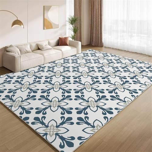 POKXAEU Vintage Blumenkunst Teppich Abstrakte Blau-Weiße Blumen Waschbare Teppiche für Wohnzimmer weiche Schlafzimmerteppiche Rutschfester Akzentteppich für Büro Kinderzimmer Dekor 120x180cm von POKXAEU