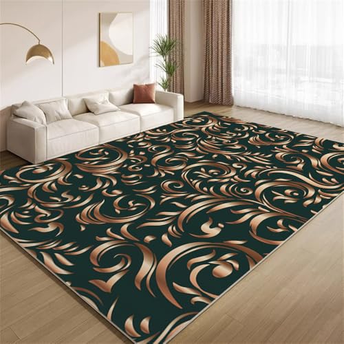 POKXAEU Vintage Grün-Gold Teppich Dunkelgoldene Blumen Innenbereich Teppich weiche Kunstwolle rutschfest waschbar Akzentteppich für Wohnzimmer Haustür Flur Dekoration 90x120cm von POKXAEU