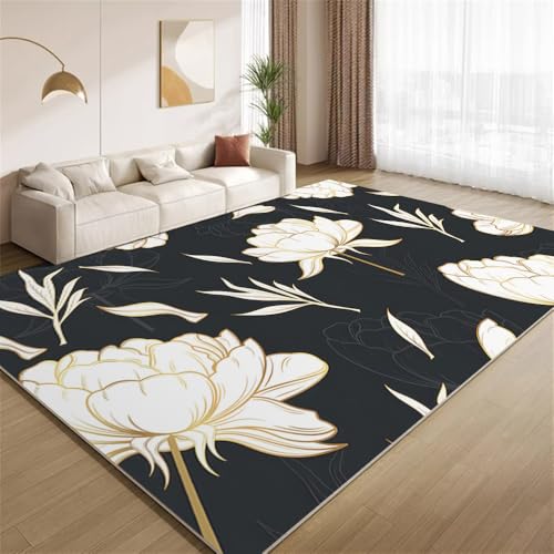 POKXAEU Vintage-Weiße Blumen Teppich Eleganter Lotus Eingangsbereich-Teppich rutschfest Fußmatte weich waschbar Bodenteppich für Wohnzimmer Innenbereich Flur Matten 60x90cm von POKXAEU