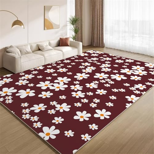 POKXAEU Vintage Weißes Gänseblümchen Teppich Braun-Rot-Weiße Blumen Innenbereich Teppich weiche Kunstwolle rutschfest waschbar Akzentteppich für Wohnzimmer Haustür Flur Dekoration 90x120cm von POKXAEU