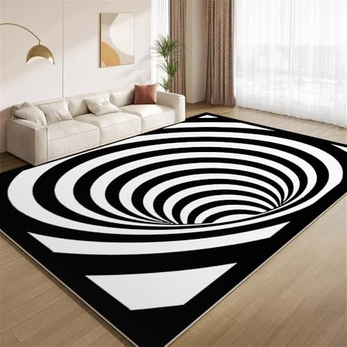POKXAEU Wirbel Schwarzes Loch Teppich Optische Täuschung Schwarz-Weiß Eingangsbereich-Teppich rutschfest Fußmatte weich waschbar Bodenteppich für Wohnzimmer Innenbereich Flur Matten 60x90cm von POKXAEU