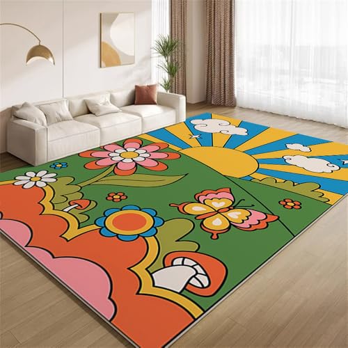 Sonnenaufgang-Schmetterlingsblumen Teppich Cartoon, Farbenfroh, Modern Rutschfester Bodendekor-Teppich weicher Kurzflor-Akzentteppich für Innenräume Wohnzimmer Schlafzimmer Spielzimmer Foyer 150x240cm von POKXAEU