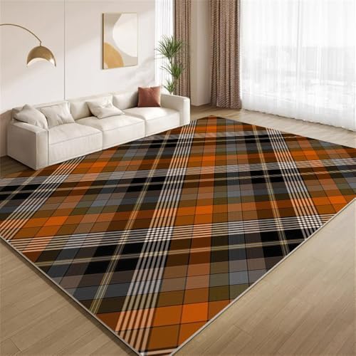 Vintage Braunes Schottenkaro Teppich Orange Schwarz Buffalo Check Rutschfester Bodendekor-Teppich weicher Kurzflor-Akzentteppich für Innenräume Wohnzimmer Schlafzimmer Spielzimmer Foyer 150x240cm von POKXAEU