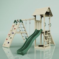 Polar play Outdoor Spielturm mit Wellenrutsche, Klettergerüst mit Kinderschaukel Kletterwand Kletternetz, Ausführung: Kinderschaukel - Grün von POLARPLAY