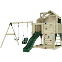 Rebo Spielturm mit Spielhaus inkl. Wellenrutsche und 2x Kinder-Schaukel Outdoor Klettergerüst Garten, Ausführung: Babyschaukel, Farbe: Smaragdgrün von POLARPLAY