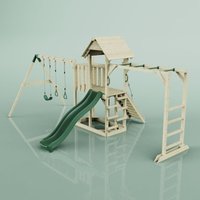 Rebo Klettergerüst aus Holz mit Wellenrutsche Outdoor Spielturm mit Kinderschaukel, Babyschaukel, Hangelstangen, Plattform und Kletterseil von POLARPLAY