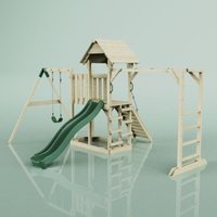 Rebo Spielturm mit Wellenrutsche aus Holz Outdoor Klettergerüst mit Kinderschaukel, Hangelstangen, Plattform und Kletterseil- Smaragdgrün - Grün von POLARPLAY