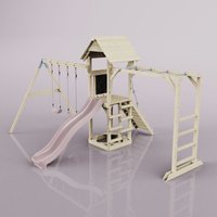 Rebo Klettergerüst aus Holz mit Wellenrutsche Outdoor Spielturm mit Doppel-Kinderschaukel, Hangelstangen, Plattform und Kletterseil - Kinderschaukel, von POLARPLAY