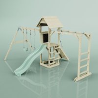 Rebo Klettergerüst aus Holz mit Wellenrutsche Outdoor Spielturm mit Kinderschaukel, Babyschaukel, Hangelstangen, Plattform und Kletterseil von POLARPLAY