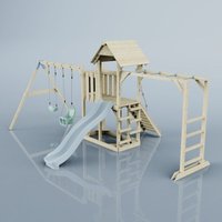 Rebo Klettergerüst aus Holz mit Wellenrutsche Outdoor Spielturm mit Kinderschaukel, Babyschaukel, Hangelstangen, Plattform und Kletterseil von POLARPLAY