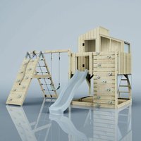 Rebo Outdoor Spielturm mit Wellenrutsche Spielhaus aus Holz mit Kinderschaukel, Kletterwand, Kletternetz, Ausführung: Kinderschaukel, Farbe: Eisblau von POLARPLAY