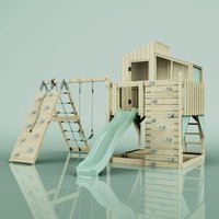 Rebo Outdoor Spielturm mit Wellenrutsche Spielhaus aus Holz mit Kinderschaukel, Kletterwand, Kletternetz, Ausführung: Kinderschaukel, Farbe: Mintgrün von POLARPLAY