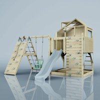 Rebo Outdoor Spielturm mit Wellenrutsche Spielhaus aus Holz mit Kletterwand, Kletternetz, Ausführung: Babyschaukel, Farbe: Eisblau - Blau von POLARPLAY