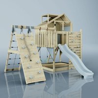 Rebo Outdoor Spielturm mit Wellenrutsche Spielhaus aus Holz mit Kletterwand, Kletternetz, Ausführung: Kinderschaukel, Farbe: Mintgrün - Grün von POLARPLAY