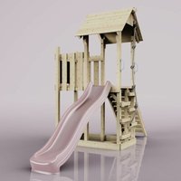 Rebo Spielturm aus Holz mit Wellenrutsche Outdoor Klettergerüst mit Plattform und Kleterseil- Altrosa - Rosa von POLARPLAY