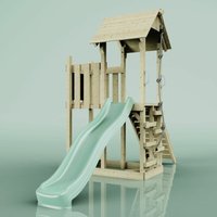 Rebo Spielturm aus Holz mit Wellenrutsche Outdoor Klettergerüst mit Plattform und Kleterseil- Mintgrün - Grün von POLARPLAY