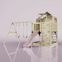 Rebo Spielturm mit Spielhaus inkl. Wellenrutsche und 2x Kinder-Schaukel Outdoor Klettergerüst Garten, Ausführung: Kinderschaukel, Farbe: Altrosa von POLARPLAY